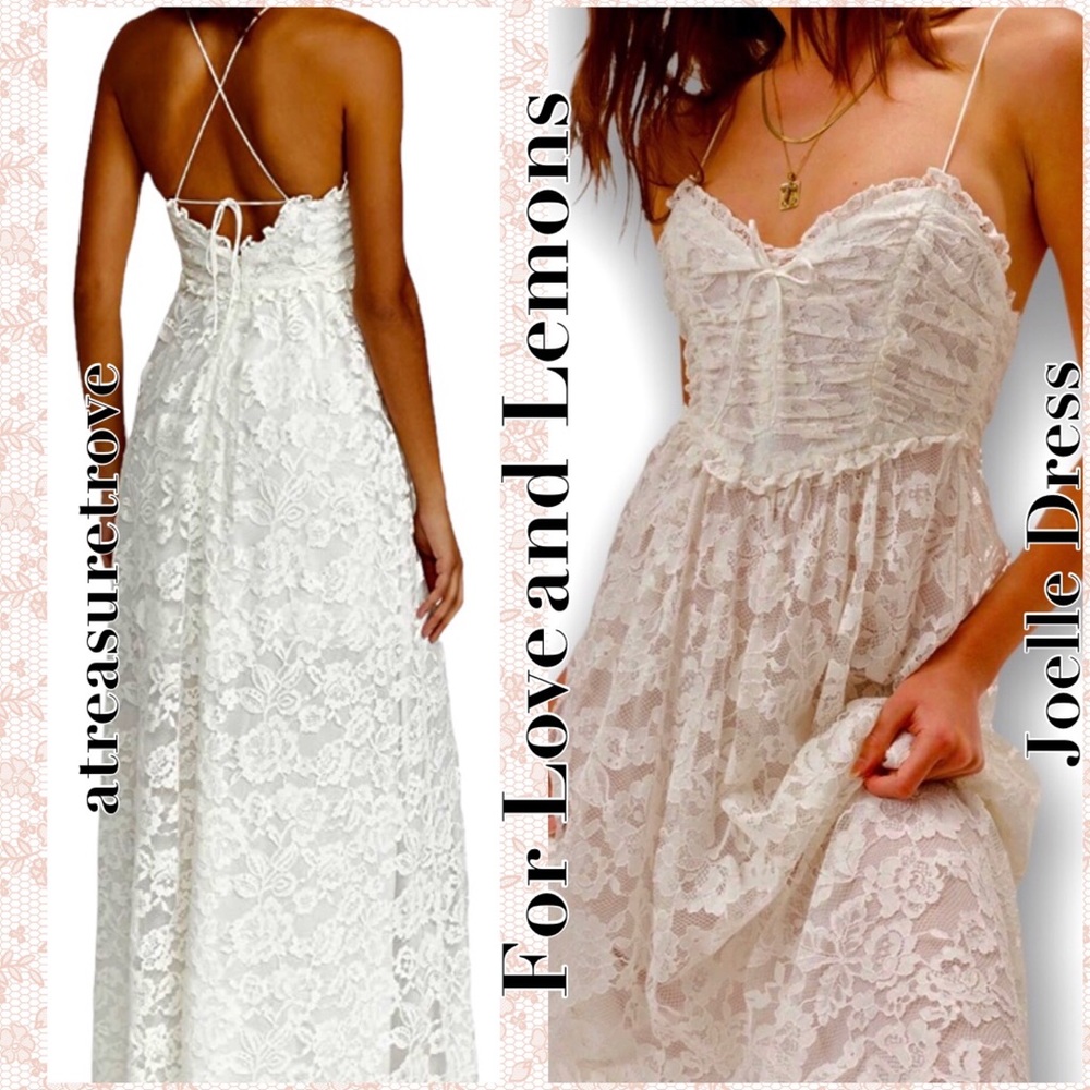 For Love & Lemons x Free People Joelle XS White Lace Corset Sweetheart-Neck Maxi